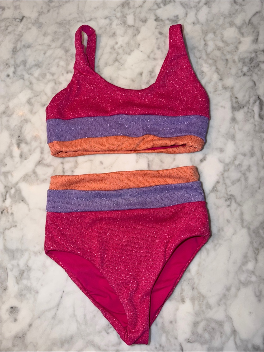 Beach Riot Girls Glitter Pink Two-Piece Bikini with Purple and Orange Bands 3/4Y